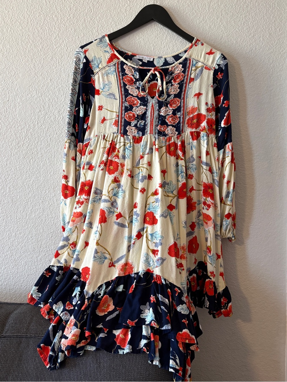 Patrons of Peace Ivory & Navy Floral Tie-Neck Tiered Dress